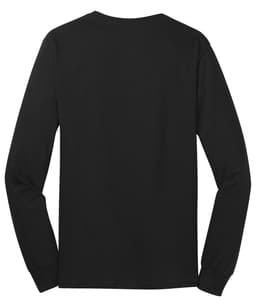 A black long sleeve T-shirt displayed from the back, featuring fitted sleeves and a plain design.