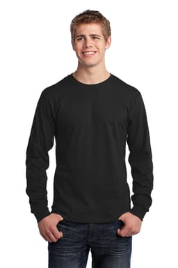A model wearing a black long sleeve core cotton tee, featuring a logo on the chest area.