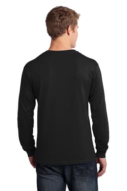 A black long sleeve cotton tee viewed from the back, featuring a simple design and a branded logo.