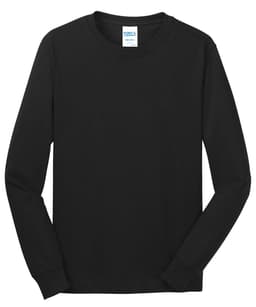 A black long sleeve core cotton tee with a crew neck and a logo on the tag.