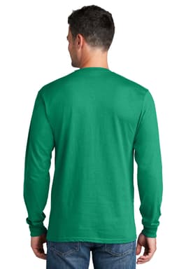 A man wearing a green long sleeve t-shirt with a simple design and a logo on the back.