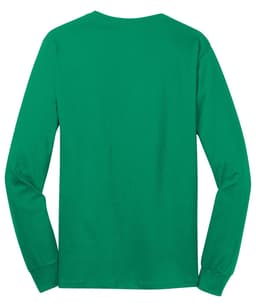 A long sleeve cotton tee in vibrant green with a plain back. It features a simple design and has a logo.