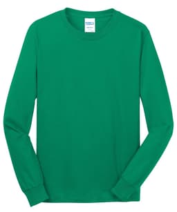 A green long sleeve cotton tee with a crew neck and a logo label inside the collar.