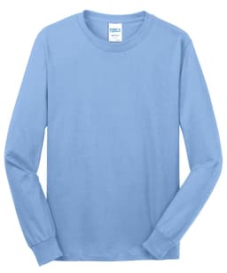 A light blue long sleeve cotton tee featuring a label and a simple design. The shirt has a logo.