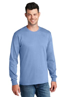 A long sleeve t-shirt in a light blue colour, featuring a crew neckline and a logo on the sleeve.