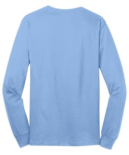 A long sleeve cotton tee in light blue, featuring a plain back and a logo on the neckline.