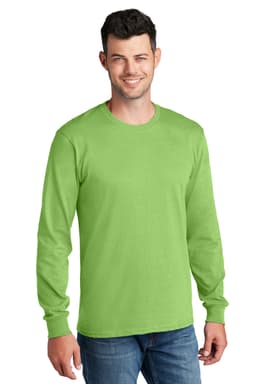A model wearing a bright green long sleeve cotton tee, featuring a logo on the shirt.