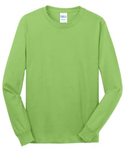A long sleeve t-shirt in bright green with a logo on the label, made from core cotton.