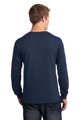 A navy long sleeve t-shirt displayed on a model from the back, featuring a simple design and logo.