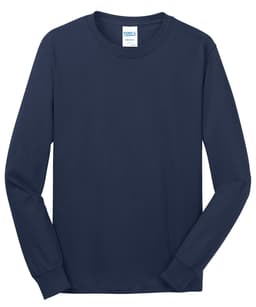 A navy long sleeve core cotton tee with a simple design and branding label near the neckline.