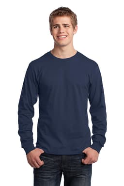 A navy long sleeve t-shirt from Port & Company, featuring a logo on the front, worn by a smiling male model.