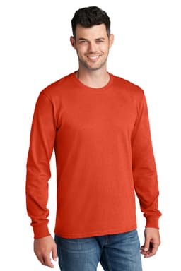 A long sleeve tee in bright red, featuring a standard fit and a logo on the sleeve. Suitable for casual wear.
