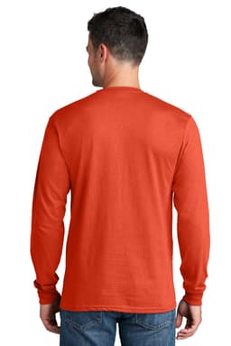 A man wearing a long sleeve t-shirt in vibrant red, viewed from the back. The shirt has a logo on it.