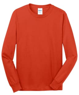 An orange long sleeve cotton t-shirt with a logo on the collar.