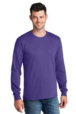 A man wearing a long sleeve, purple cotton tee with a logo. He is standing against a plain background.
