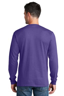 A plain purple long sleeve t-shirt viewed from the back, featuring a simple design and fitted sleeves.