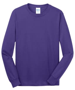 A long sleeve t-shirt in vibrant purple, featuring a simple design and a logo on the label.
