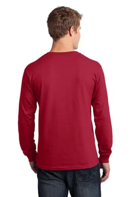 A red long sleeve cotton tee viewed from the back, featuring a simple design and a logo.