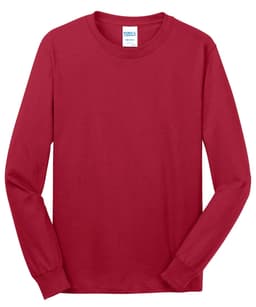 A red long sleeve cotton tee with a classic fit, featuring a logo on the label.