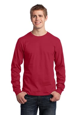 A red long sleeve cotton tee for men, featuring a basic design and a logo on the chest.