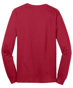 A red long sleeve cotton tee with a plain back, featuring a logo.