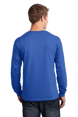 A man wearing a blue long sleeve cotton T-shirt, viewed from the back. The shirt features a logo.