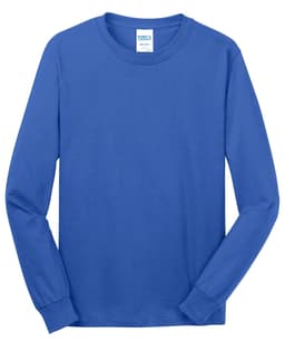 A long sleeve t-shirt in vibrant blue with a logo on the label.