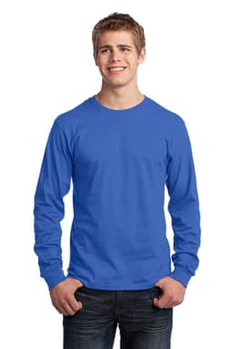 A long sleeve cotton tee in vibrant blue, featuring a brand logo, worn by a smiling male model.