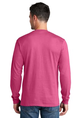 A man wearing a long sleeve, bright pink cotton tee, viewed from the back, paired with denim jeans.