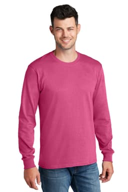 A long sleeve tee in bright pink, featuring a crew neck and a logo on the chest.