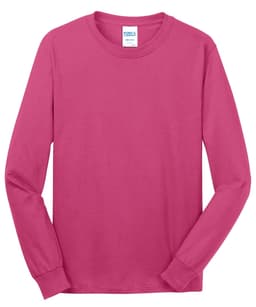 A long sleeve t-shirt in vibrant pink with a tag and a logo on the neckline.