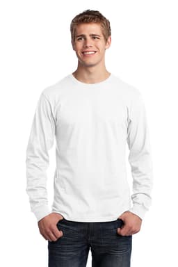 A white long sleeve cotton tee worn by a smiling male model, featuring a logo on the front.