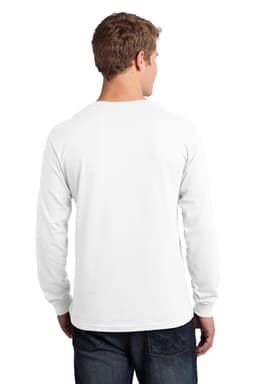 A man wearing a plain white long sleeve cotton tee, viewed from the back, with dark jeans. The shirt has a logo.