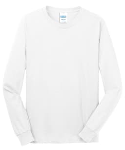 A long sleeve, white cotton t-shirt featuring a logo on the neck label.
