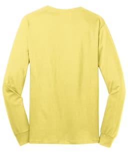A long sleeve cotton tee in a bright yellow colour, featuring a logo on the back.