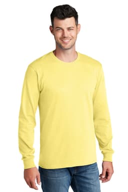 A man wearing a long sleeve, bright yellow cotton t-shirt. The shirt has a logo on it.