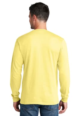 A man wearing a yellow long sleeve T-shirt, viewed from the back, with denim jeans. The shirt features a logo.