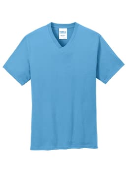 A blue V-neck T-shirt with short sleeves and a label featuring a logo.