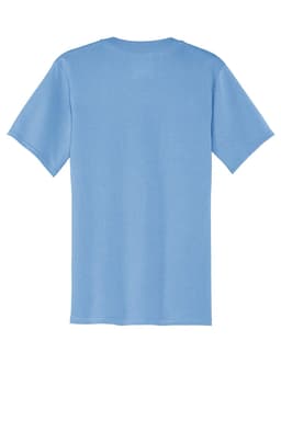 A blue Port & Company Core Cotton V-Neck Tee, featuring short sleeves and a standard fit, with a logo on it.