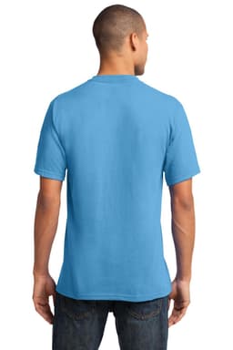 A man wearing a bright blue Port & Company Core Cotton V-Neck Tee, viewed from the back. The shirt features a logo.
