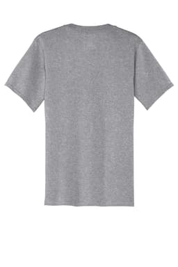 A grey v-neck t-shirt featuring short sleeves and a plain back. It includes a logo on the label.