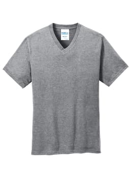 A grey V-neck T-shirt featuring a logo at the neckline. It has short sleeves and a relaxed fit.