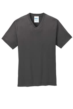 A grey Port & Company Core Cotton V-Neck Tee featuring a branding label on the neckline.