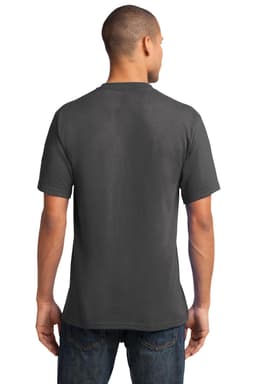 A man wearing a grey Port & Company Core Cotton V-Neck Tee, viewed from the back. The shirt has a simple design.