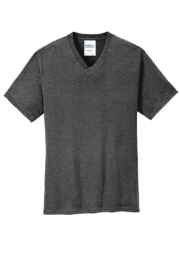 A dark grey v-neck t-shirt with short sleeves and a label featuring a logo.