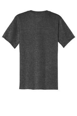 A dark grey V-neck T-shirt with short sleeves and a back view. It features a branding logo.