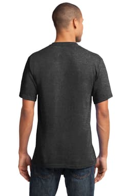 A man wearing a black V-neck T-shirt, featuring short sleeves and a simple design. The shirt has a brand logo.