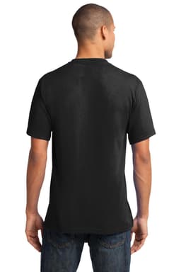 A man is seen from behind wearing a black V-neck T-shirt. The shirt has a logo on the back.