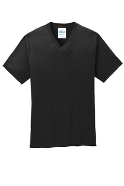 A black Port & Company Core Cotton V-Neck Tee with short sleeves and a logo on the label.