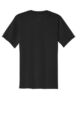 A black V-neck T-shirt featuring a plain design and short sleeves, with a logo on the back.